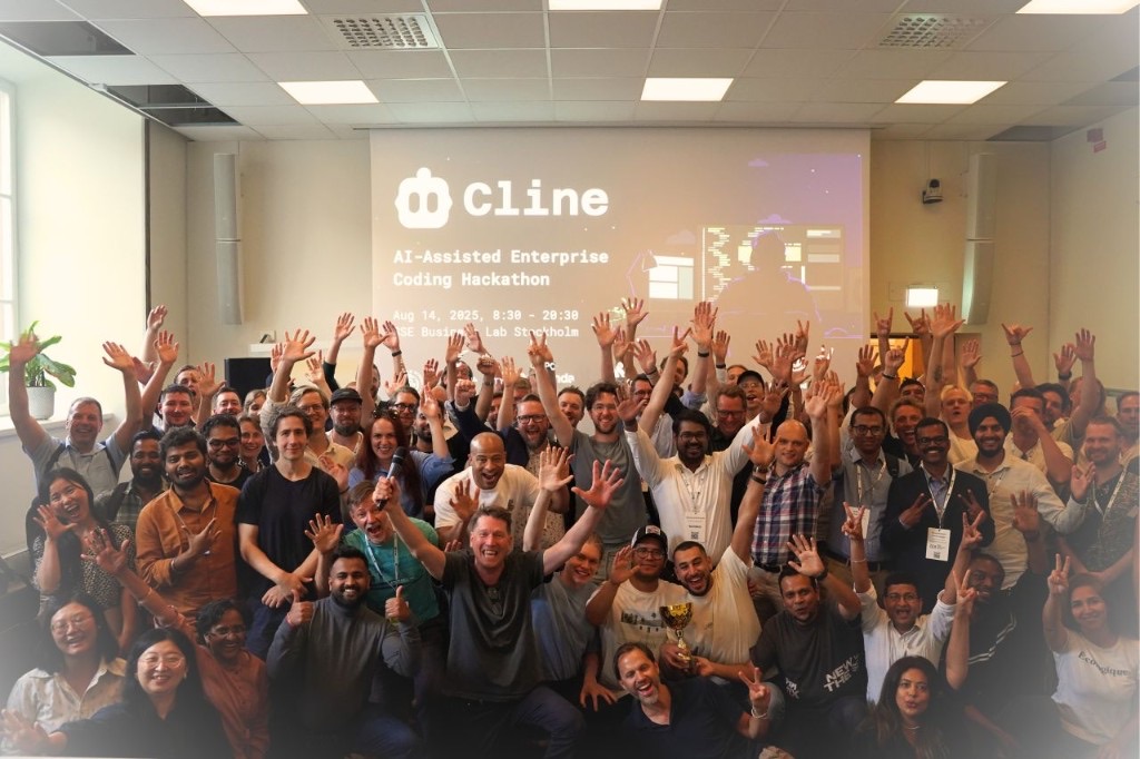 Team and participants at the Cline AI-Assisted Enterprise Coding Hackathon, SSE Business Lab Stockholm, with 2nd place trophy