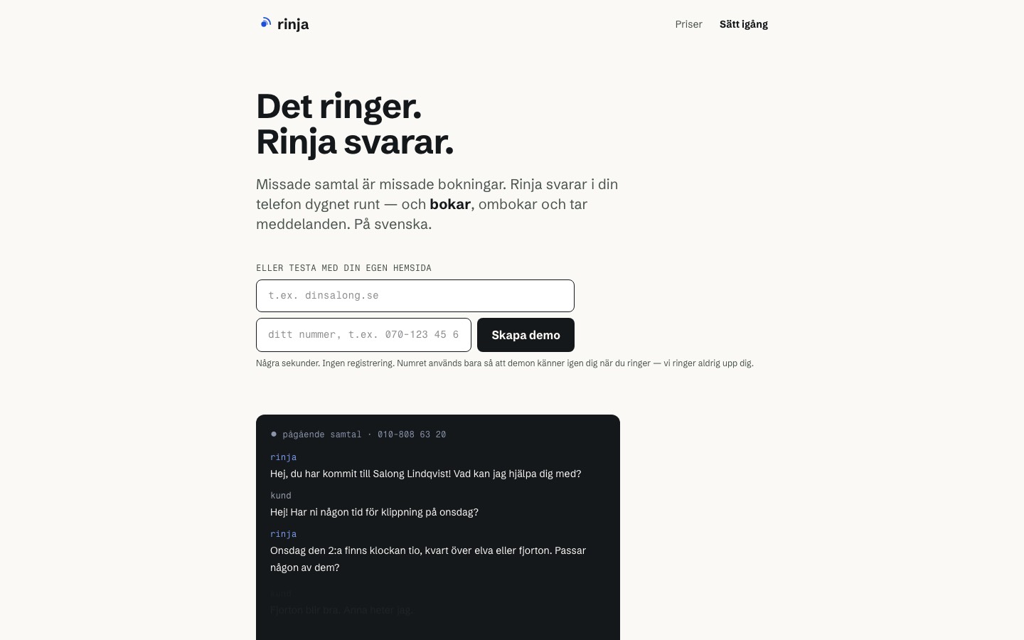 Rinja AI receptionist landing page